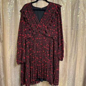Express Black Red Rose Floral Pleated Long Sleeve V Neck Dress XL